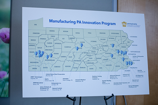 A map of Pennsylvania that has markers noting where each of the partner companies are located. There are a lot of markers in Pittsburgh and Philadelphia, with a few in the middle of the state.
