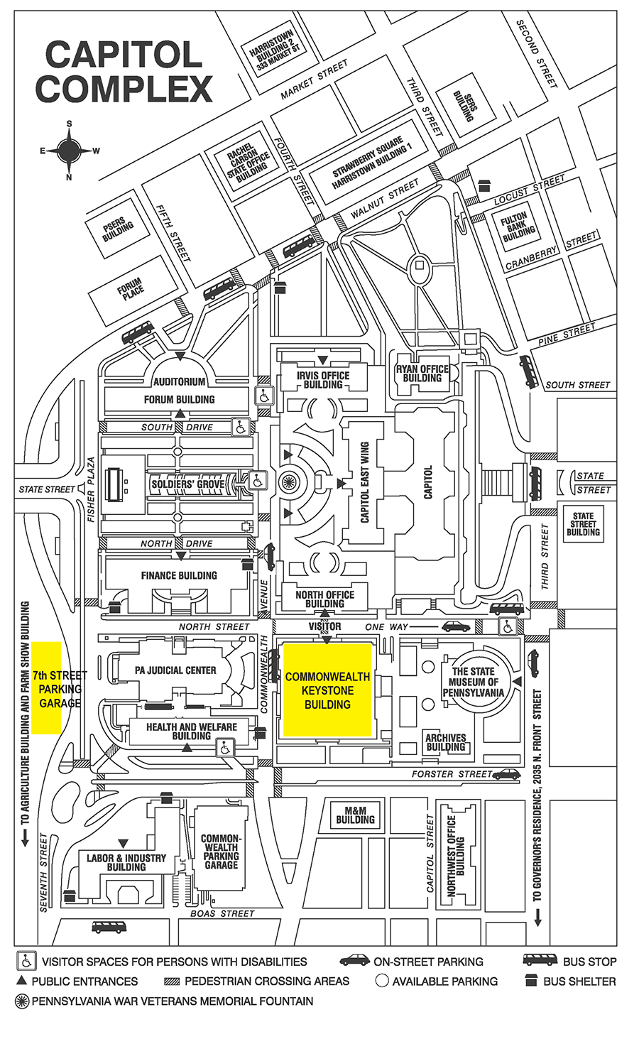 A map of where to park showing the seventh street parking garage one block away from the Commonwealth building where the event takes place