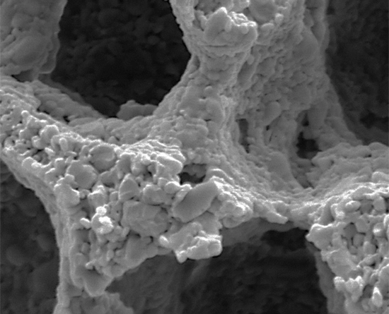Three-panel SEM micrographs showing a porous, sponge-like structure at increasing magnification, with dashed callouts linking zoomed regions and scale bars (200, 20, and 5 &micro;m).